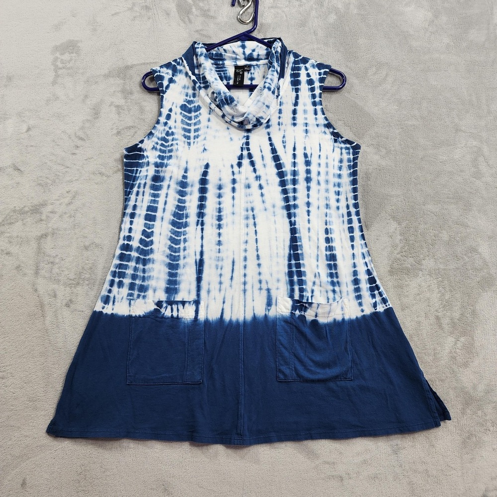Focus Casual Life Tank Womens S Blue Tie Dye Cowl Neck Tunic Pockets Jersey